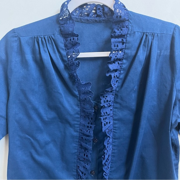Vintage 1970's Carefree Fashions Navy Blue Eyelet Ruffle Lace Blouse Top - Picture 4 of 6